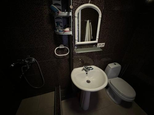 een badkamer met een wastafel, een toilet en een spiegel bij Graz Narek house 4 in Altenfelden
