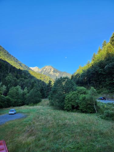a car parked in a field with mountains in the background at ELLA in Aragnouet