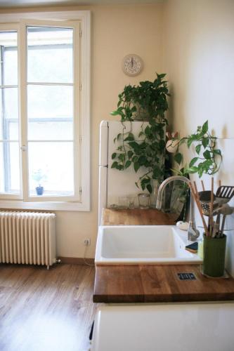 une cuisine avec un évier et une fenêtre dans l'établissement 100m2 d'espace et de calme au coeur de Montpellier, à Montpellier