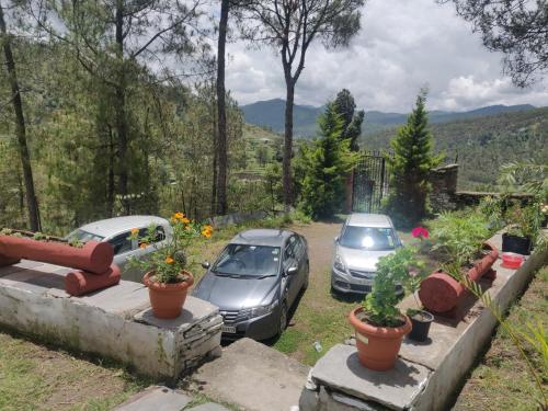 two cars parked in a driveway with flowers in pots at Kurmanchal Village by THE GHAUR in Almora