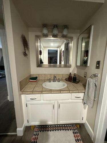 a bathroom with a sink and a mirror at Larimer Square, Parking included, at The Windsor in Denver