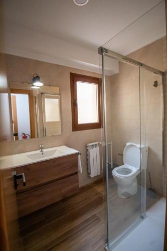 a bathroom with a toilet and a sink and a shower at Apartamentos 7 puentes sierra Cazorla Casa Acebo in Burunchel