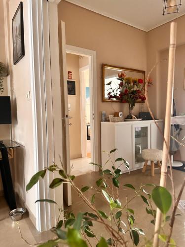 un soggiorno con una pianta in primo piano di Lovely private room in fancy neighborhood ad Atene
