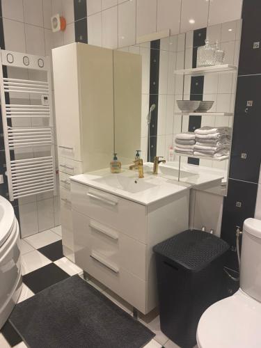 a white bathroom with a sink and a toilet at La Chambre d'Angèle in Sedan