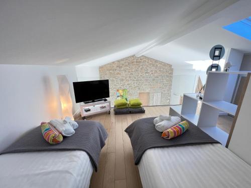 Cette chambre comprend 2 lits jumeaux et une télévision. dans l'établissement Capleouna-Villa la Cabane, à Antibes