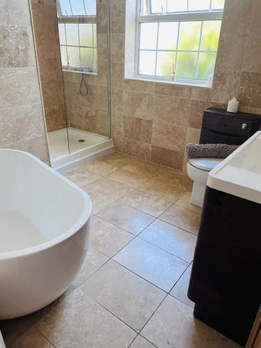 a bathroom with a tub and a sink and a toilet at Family & friends get together birthday hot tub in Porthcawl