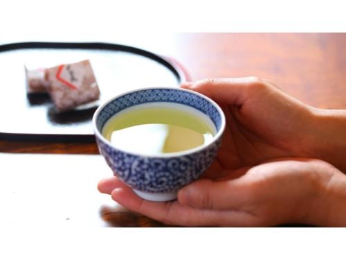 une personne tenant une tasse de thé vert dans l'établissement Hotel Silk in Madarao - Vacation STAY 79656v, à Iiyama
