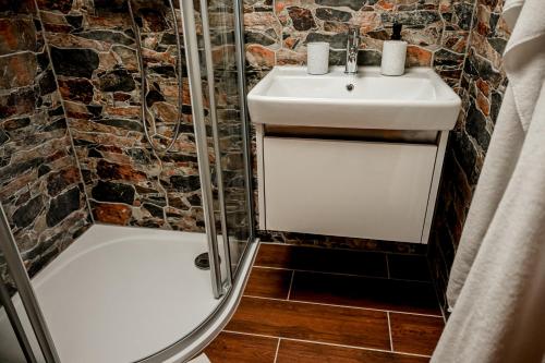 a bathroom with a sink and a shower at Glamping Meleček in Opava