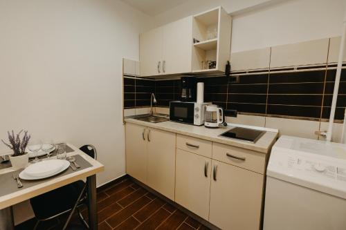 a small kitchen with a sink and a microwave at Augustin Apartment in Arad