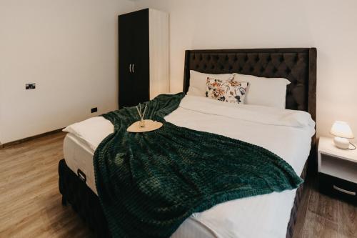 a bedroom with a bed with a green blanket on it at Augustin Apartment in Arad