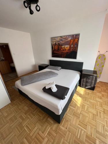 ein Schlafzimmer mit einem Bett und einem Wandgemälde in der Unterkunft City Appartement 4600 in Wels