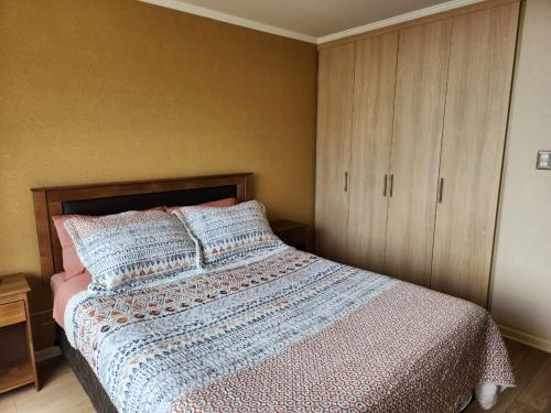 1 dormitorio con 1 cama y armario en Departamento Studio en Temuco en Temuco