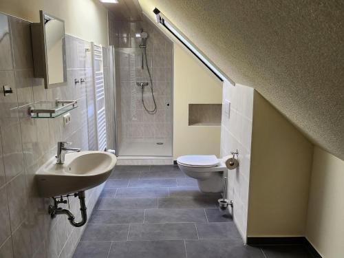ein Bad mit einem Waschbecken, einem WC und einer Dusche in der Unterkunft Holiday house, Golssen in Golßen