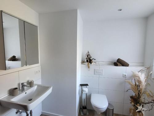 a white bathroom with a sink and a toilet at Regal Apartment in Pracht with Garden and Grill in Pracht