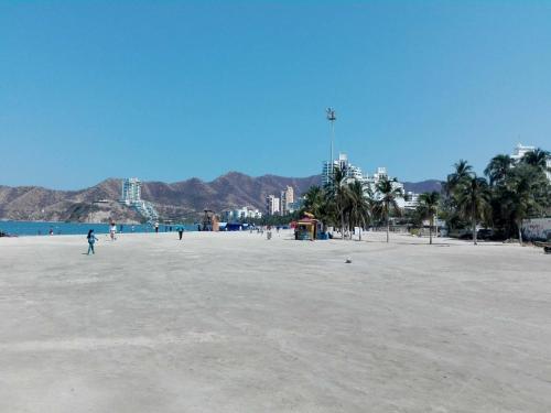 une grande plage de sable avec des palmiers et l'océan dans l'établissement Apartamento en Santa Marta Brisa Marina 8 by reservastodo, à Santa Marta