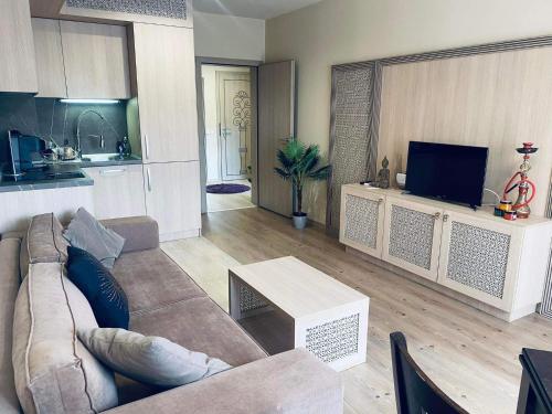 a living room with a couch and a table and a tv at Argisht luxury apartment Golden sands in Golden Sands