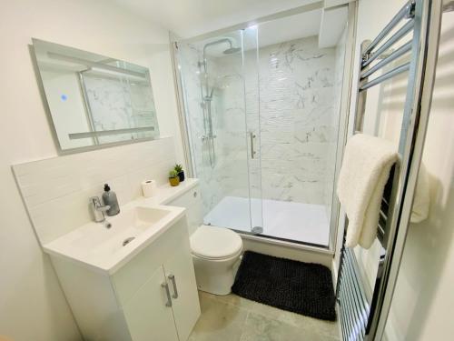 y baño con ducha, aseo y lavamanos. en No 1 - Central Apartment en Gloucester