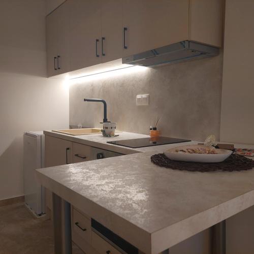 una cocina con fregadero y una barra con un tazón de comida en BUDGET apartment to the CENTER, en Tesalónica