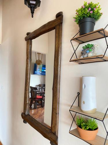 a mirror hanging on a wall with plants at Montañita del Río in Aratoca