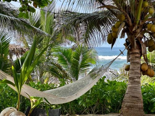 a hammock hanging from a palm tree on a beach at Quinta Feliz Troncones in Troncones