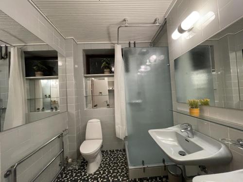 La salle de bains est pourvue de toilettes et d'un lavabo. dans l'établissement aday - Large terrace and 2 bedrooms apartment in the heart of Randers, à Randers
