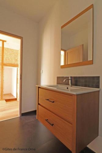 une salle de bain avec un lavabo et un miroir dans l'établissement Gîte de Bel Oeuvre, à Moulins-sur-Orne