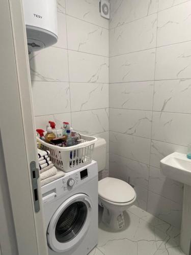 a bathroom with a washing machine and a toilet at Stan na dan Bratunac in Bratunac