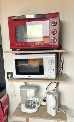 a microwave and a toaster oven on a shelf at Studio atypique Le Mans in Le Mans