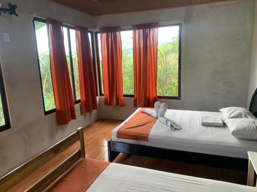 two beds in a room with two windows at Cabañas Colibrí Tayutic in Turrialba