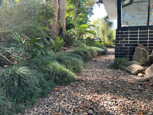 a garden with rocks and plants next to a house at Belairberry in Berry