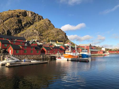 a group of boats docked in a village on the water at Charming Rorbu Stamsund Lofoten in Stamsund