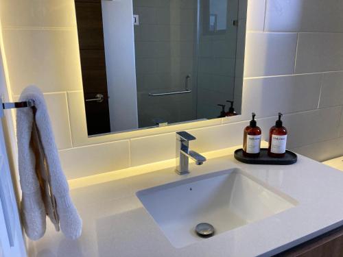 a bathroom sink with two bottles of wine on it at Unique Studio Apartment in the heart of Guatemala City in Guatemala