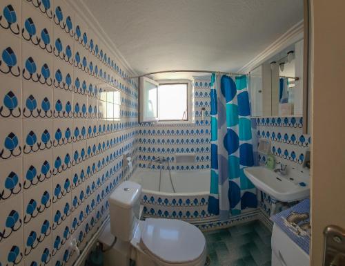 baño azul y blanco con aseo y lavabo en Like HomeRetro Central Apartment, en Tríkala