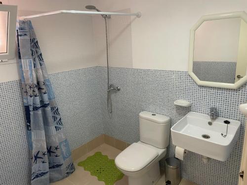 La salle de bains est pourvue de toilettes, d'un lavabo et d'un miroir. dans l'établissement Rach Agaete, à Agaete