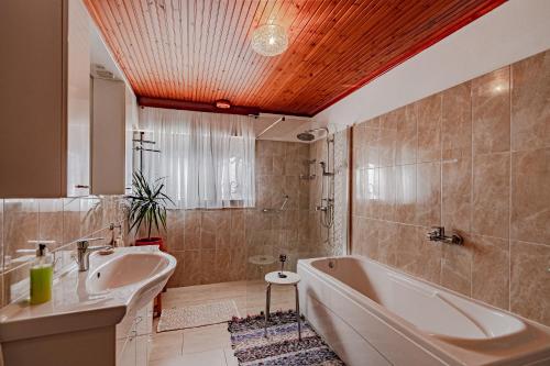 La salle de bains est pourvue d'une baignoire, d'un lavabo et d'une baignoire. dans l'établissement Apartments by the sea Prigradica, Korcula - 627, à Blato