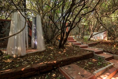 a set of stairs in a park with trees at Ramsukh Resorts and Spa in Mahabaleshwar