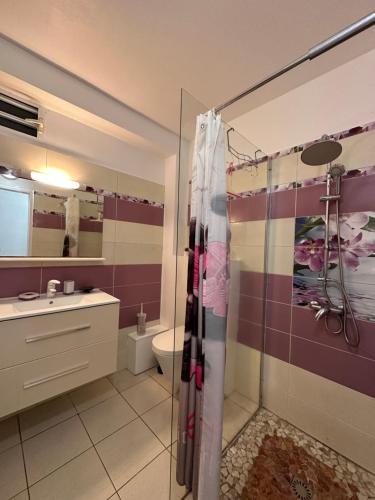 bagno con doccia, lavandino e servizi igienici di Appartement Coeur de Papillon a Baie-Mahault