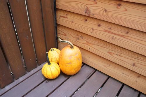 three pumpkins sitting on the side of a building at サウナバーベキュージャグジー完全貸し切りという贅沢大人の秘密基地#01 in Miyota