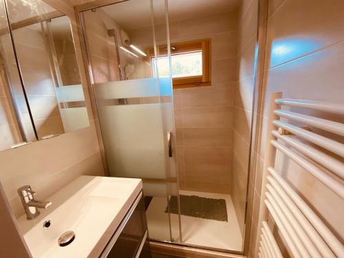 une salle de bain avec douche et lavabo dans l'établissement Duplex au cœur du village avec balcon et garage à La Clusaz, proche des pistes et commodités - FR-1-459-216, à La Clusaz
