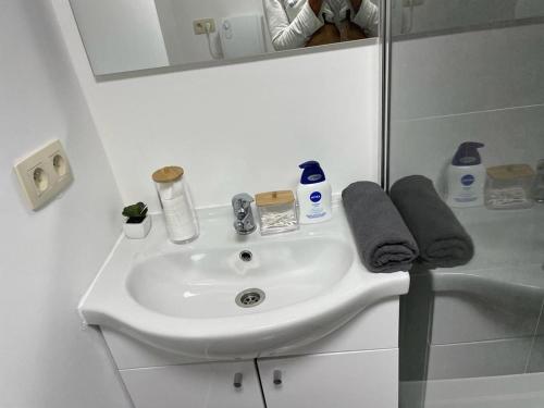 La salle de bains est pourvue d'un lavabo et d'un miroir. dans l'établissement Station 171 Bruxelles-charleroi-airport, à Charleroi