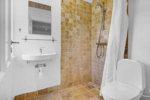 a bathroom with a sink and a toilet and a shower at Sndergade 5, rskbing in Ærøskøbing