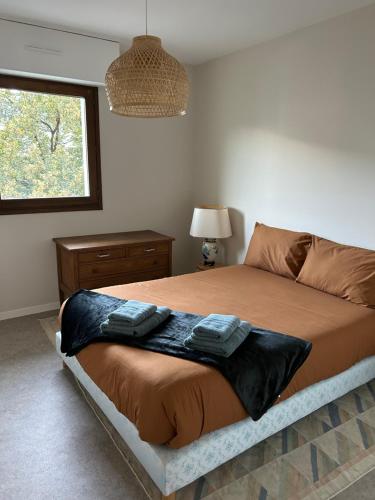 een slaapkamer met een bed met twee handdoeken erop bij Appartement 109 in Sallanches