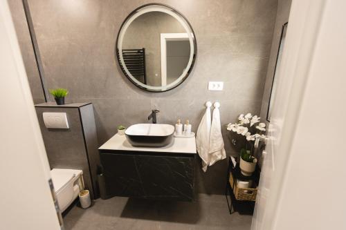 un bagno con lavandino e specchio di Soho Boutique Apartman a Požega