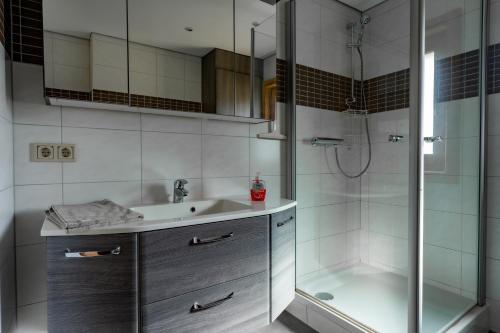 a bathroom with a sink and a shower at Ferienpark Waldsiedlung in Großkoschen