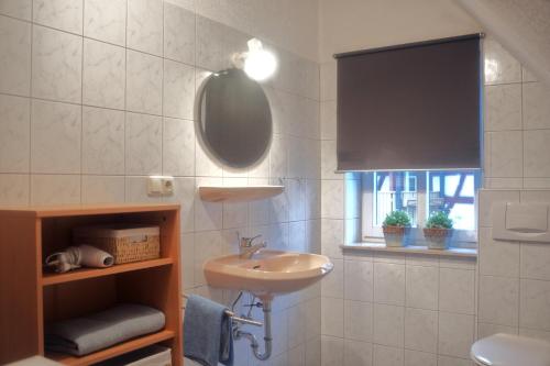 a bathroom with a sink and a mirror at Ferienwohnung blaues Haus in Bischofsheim an der Rhön