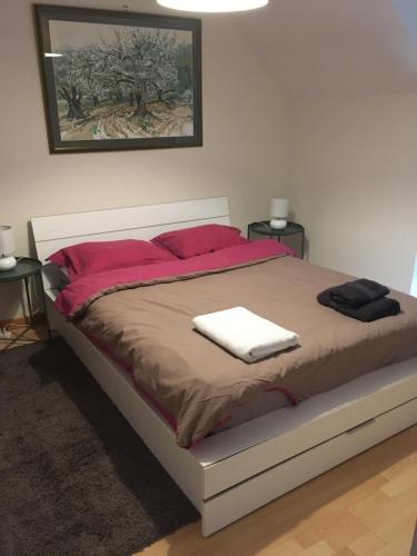 une chambre avec un grand lit avec des oreillers rouges dans l'établissement Maison 3 chambres, salle de gym, jardin et terrasse, à Caen