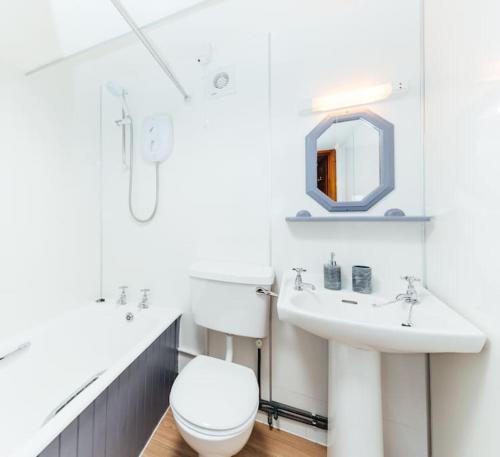 a white bathroom with a toilet and a sink at The Barn @ Clauchan holiday Cottages in Gatehouse of Fleet