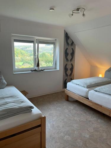 a bedroom with two beds and a window at Ferienwohnung Hellwig in Medebach