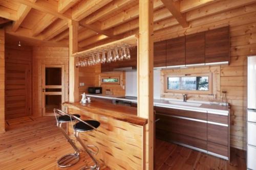 una cocina con encimera y fregadero en una cabaña en 浅間山を眺めるフインランドログハウス en Kutsukake