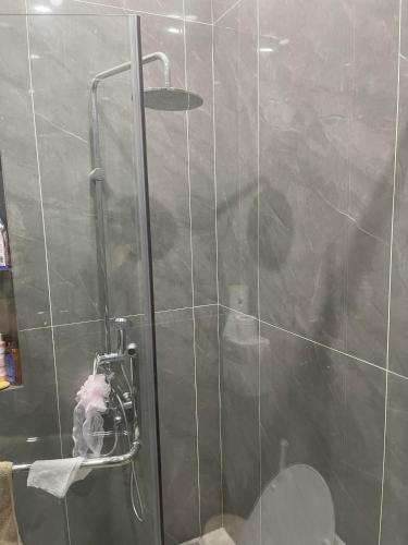 La salle de bains est pourvue d'une douche avec une porte en verre. dans l'établissement Hoang Huy Hotel, à Ấp Lò Vôi